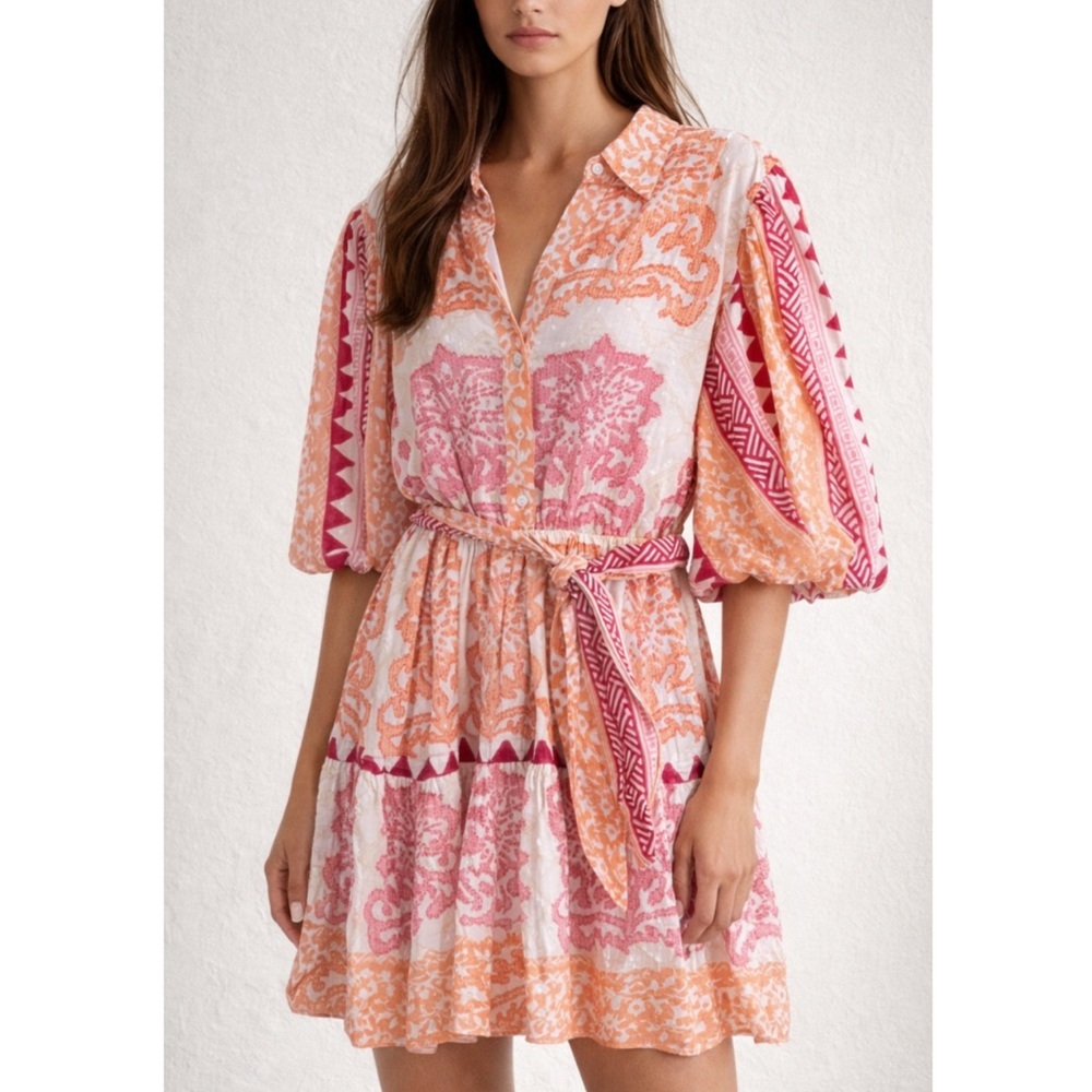 NWT Celina Moon Ella Button Front Belted Dress in Pink Corals and Soft White